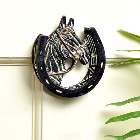 Brass Horse Shoe Door Knocker With Green patina